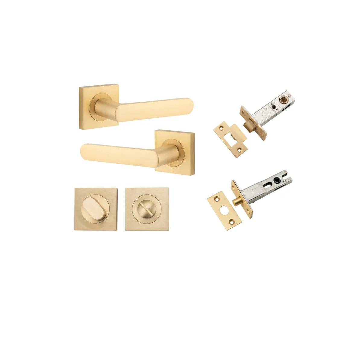 Osaka Lever - Square Rose Privacy Kit with Separate Privacy Turn in Brushed Brass - privacy set configuration