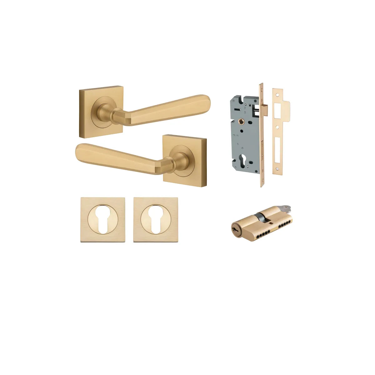 Copenhagen Lever - Square Rose Entrance Kit with Separate High Security Lock in Brushed Brass - entrance set configuration