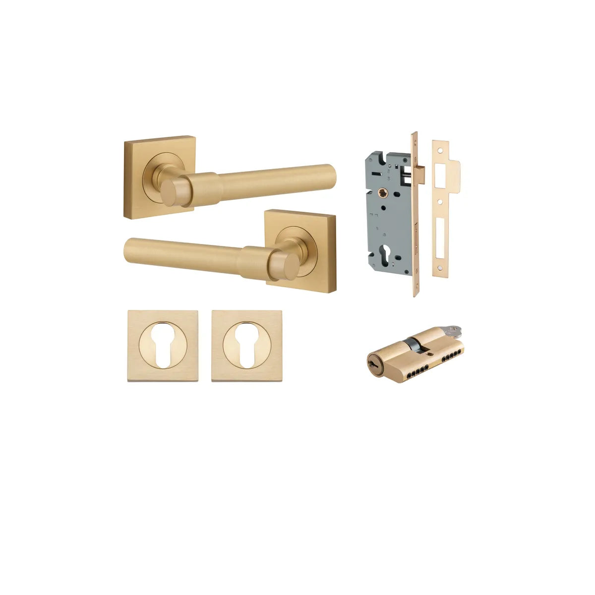 Helsinki Lever - Square Rose Entrance Kit with Separate High Security Lock in Brushed Brass - entrance set configuration