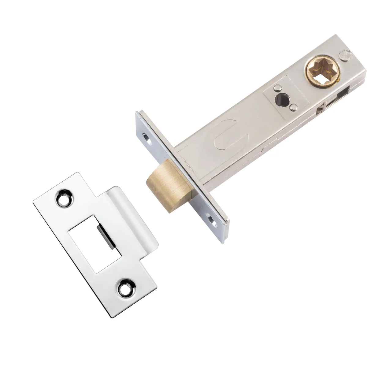 Split Cam Tube Latch - 70mm Backset in Polished Chrome - finish and profile close-up