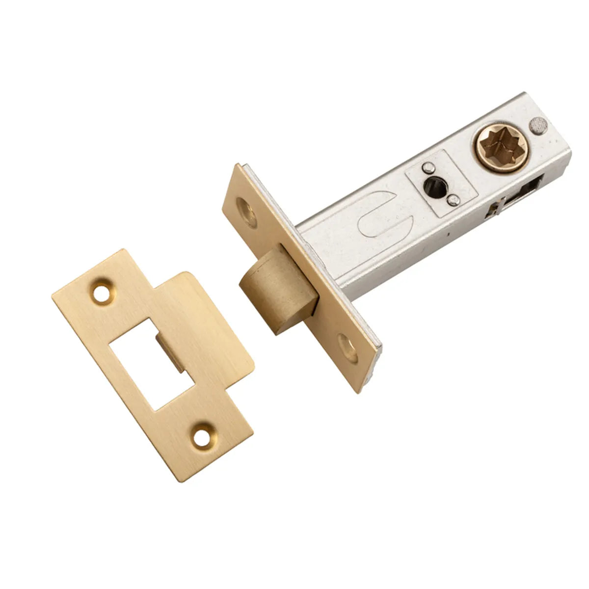 Hard Sprung Split Cam Tube Latch - 60mm Backset in Brushed Brass - front view