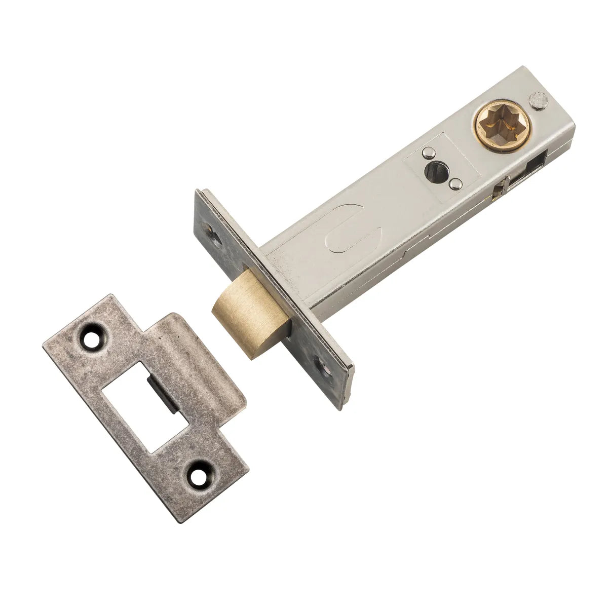 Hard Sprung Split Cam Tube Latch - 70mm Backset in Distressed Nickel - side profile view