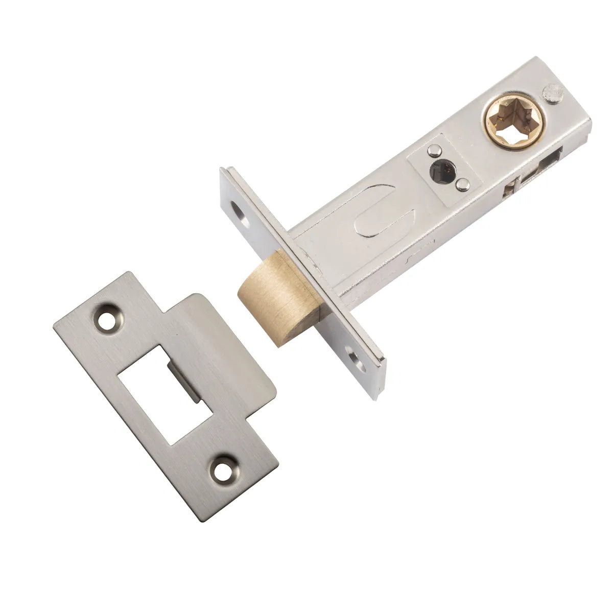 Hard Sprung Split Cam Tube Latch - 60mm Backset in Satin Nickel - front view