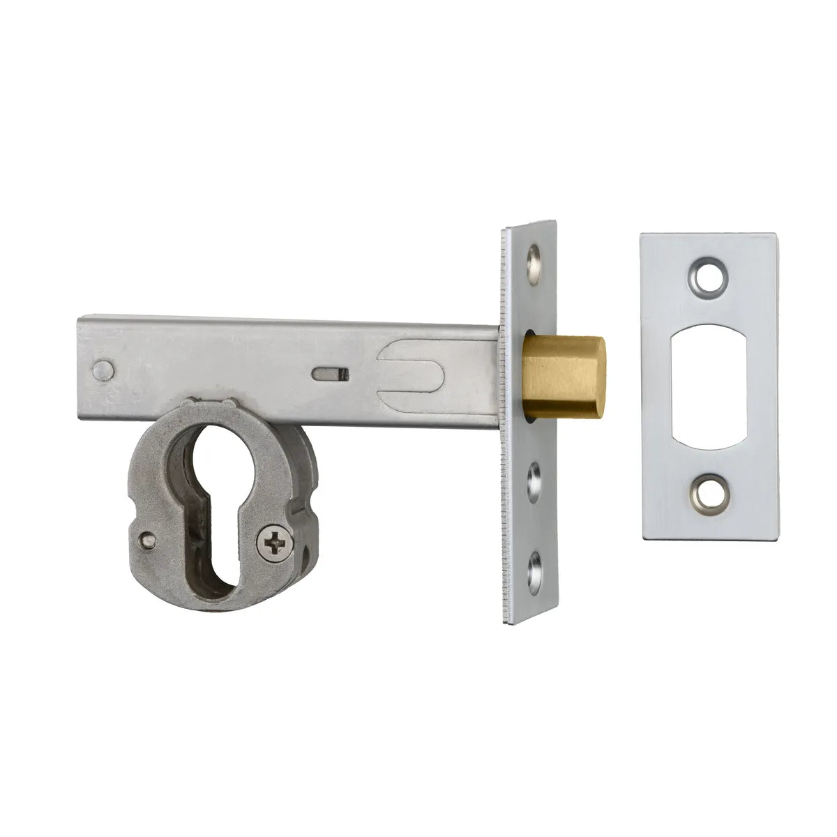 Euro Mortice Deadbolt - 60mm Backset in Brushed Chrome - angled product view