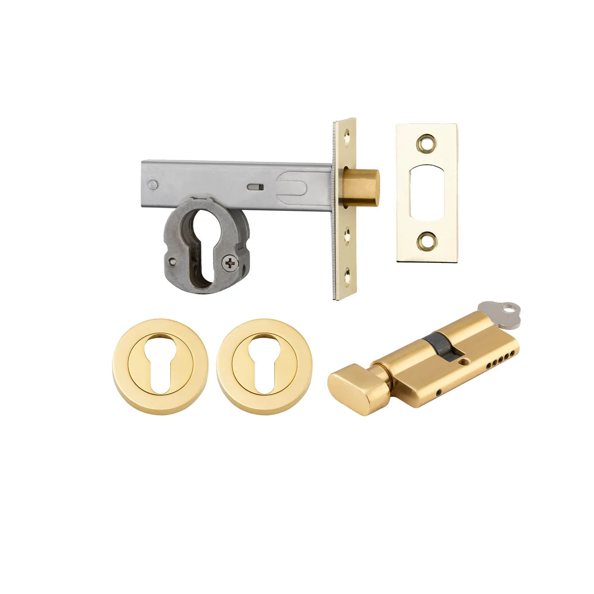 Euro Mortice Deadbolt Kit - 60mm Backset with Round Euro Escutcheon Key/Thumb in Brushed Brass - rear mounting detail