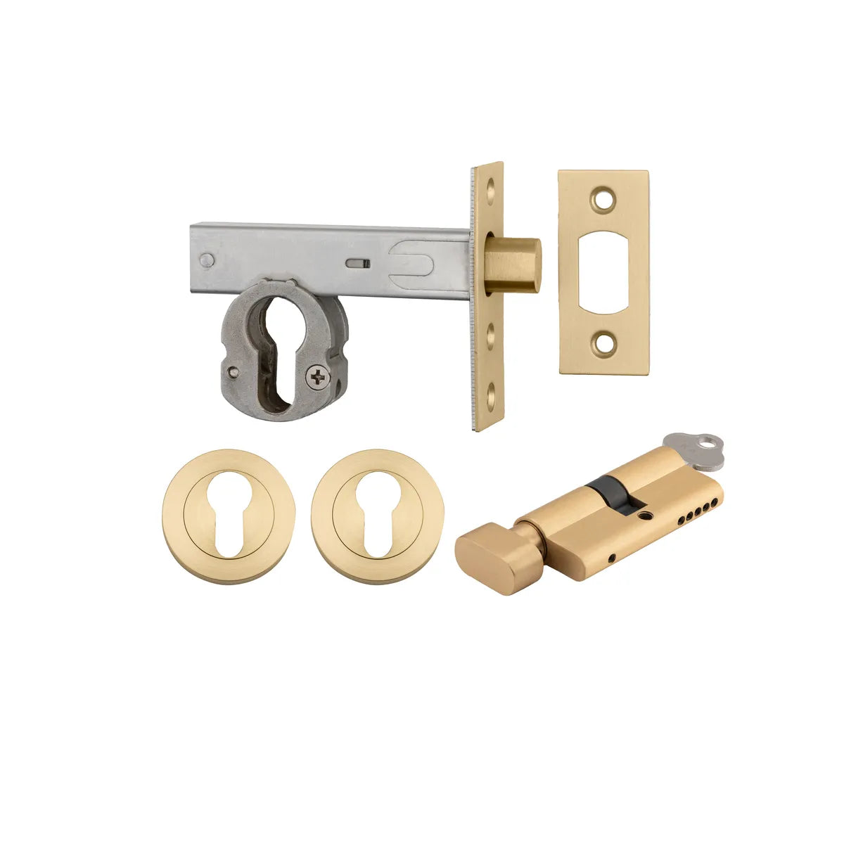 Euro Mortice Deadbolt Kit - 60mm Backset with Round Euro Escutcheon Key/Thumb in Brushed Gold PVD - close-up detail view
