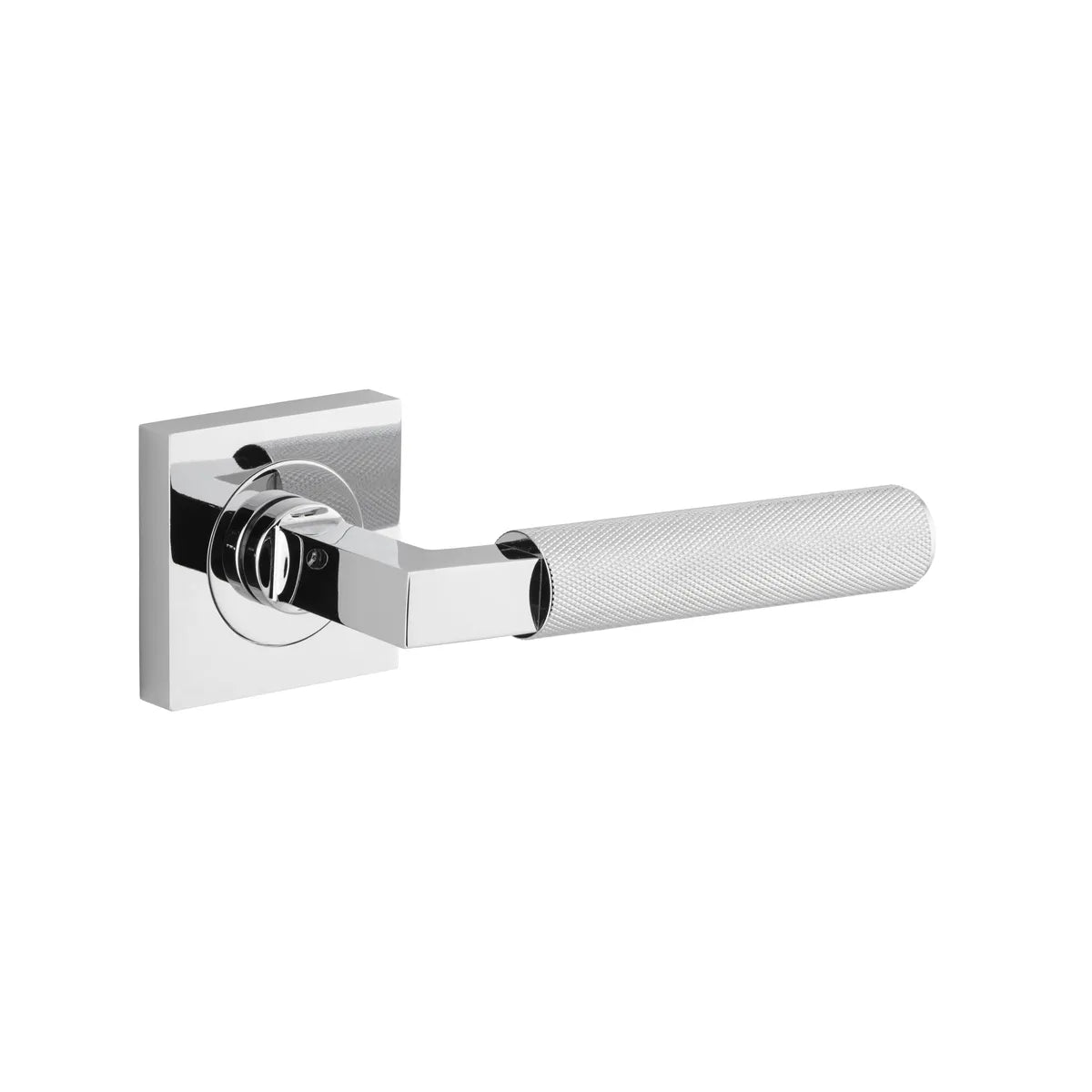 Brunswick Lever - Square Rose in Polished Chrome - close-up detail view