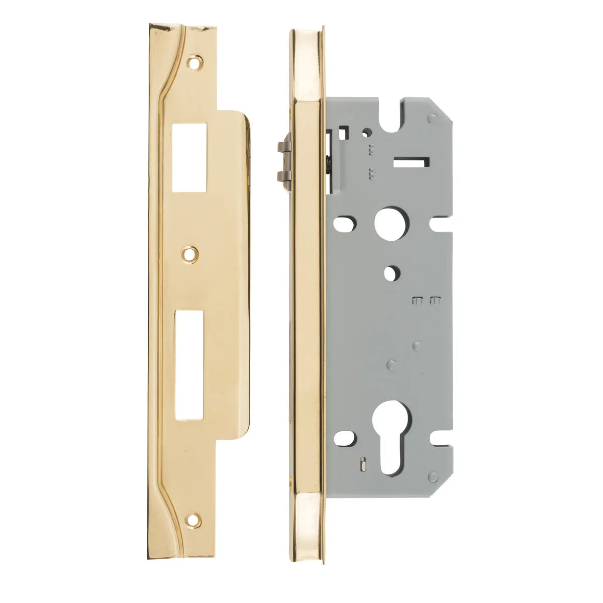 Rebated 85mm Euro Roller Mortice Locks - 45mm Backset in Polished Brass - rear mounting detail