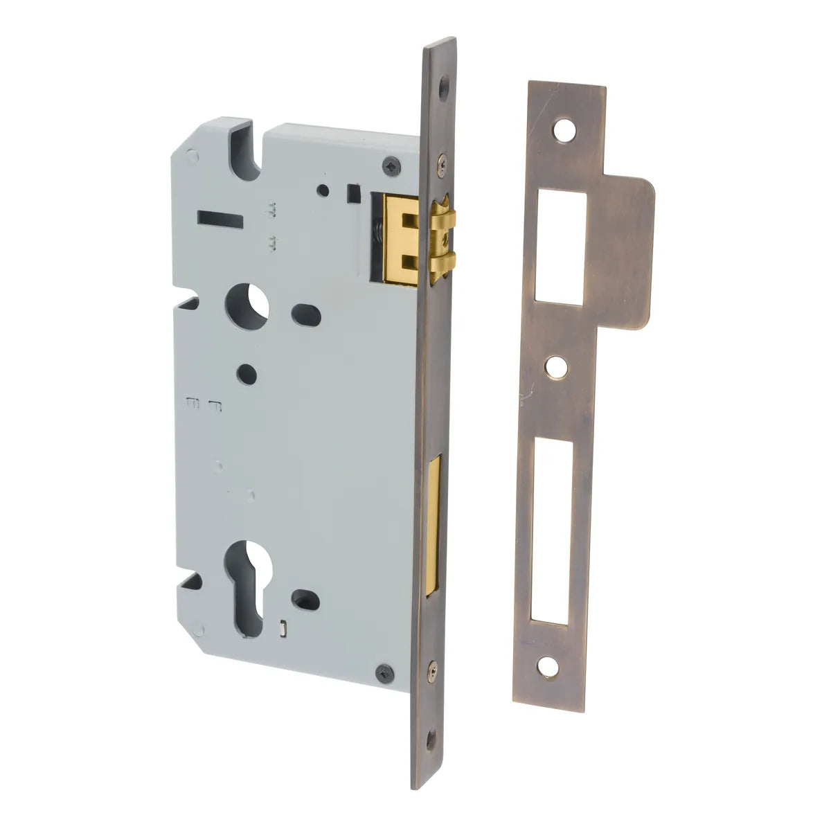 85mm Euro Roller Mortice Lock - 60mm Backset in Signature Brass - angled product view