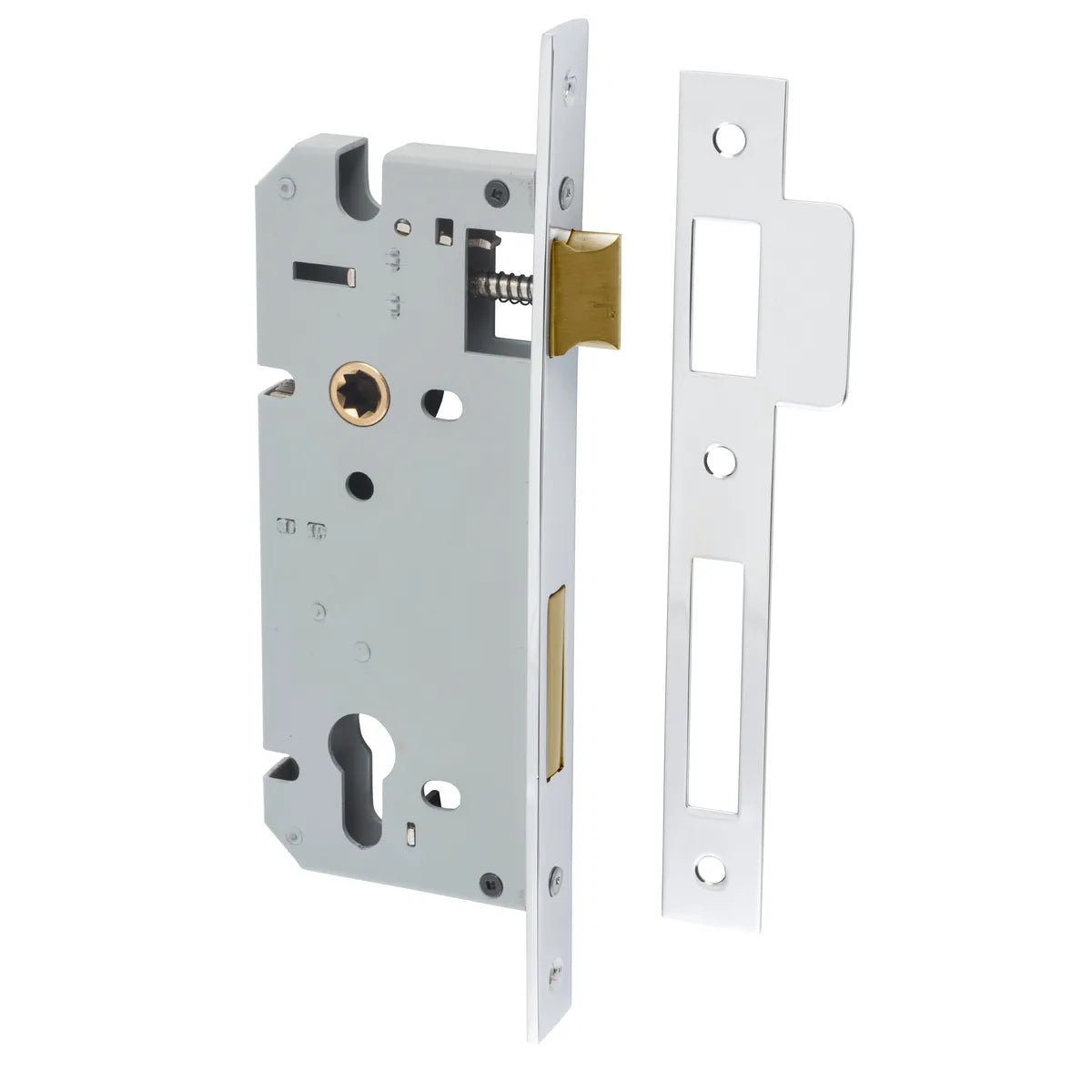 85mm Euro Mortice Locks - 45mm Backset in Brushed Brass - finish and profile close-up