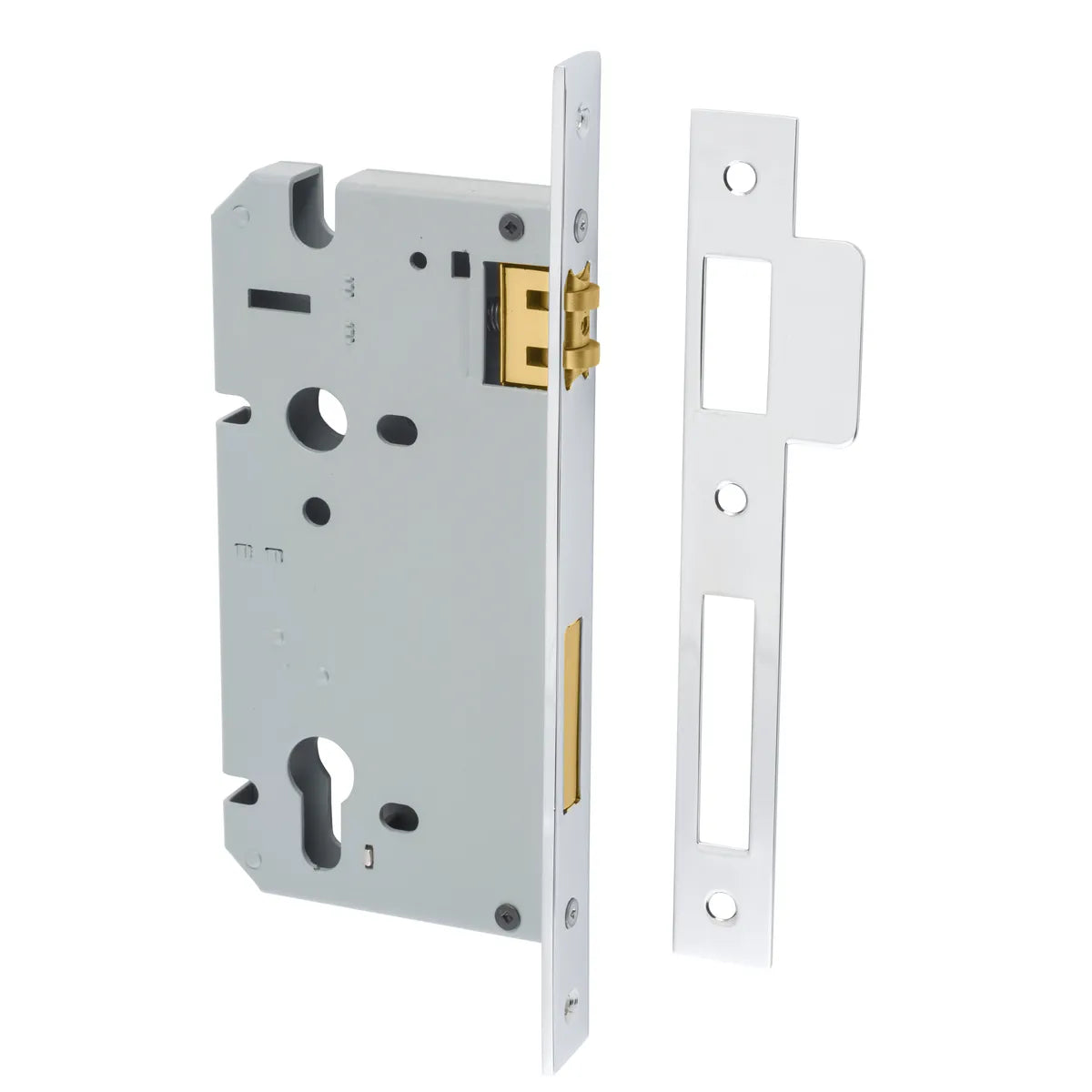 85mm Euro Roller Mortice Lock - 60mm Backset in Polished Chrome - finish and profile close-up