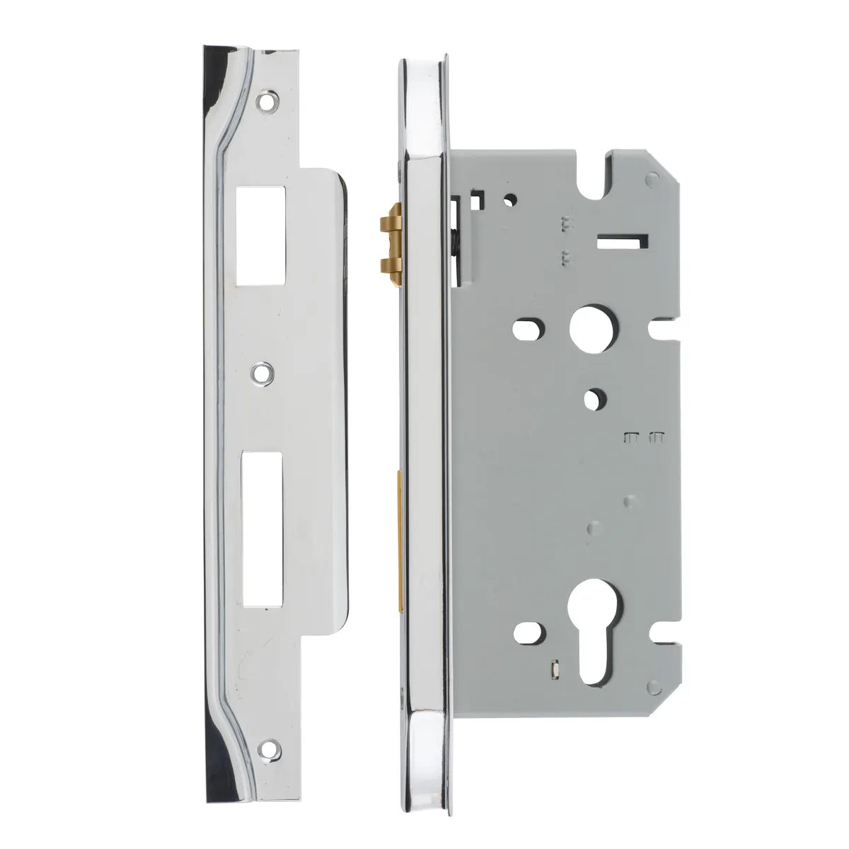 Rebated 85mm Euro Roller Mortice Locks - 60mm Backset in Polished Chrome - rear mounting detail