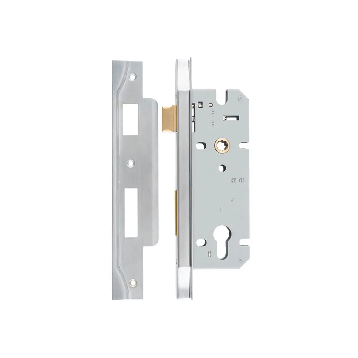 Rebated 85mm Euro Mortice Locks - 45mm Backset in Brushed Brass - angled product view