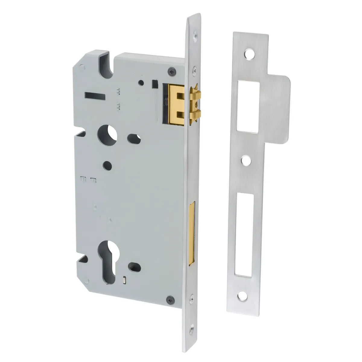 85mm Euro Roller Mortice Lock - 60mm Backset in Brushed Chrome - angled product view
