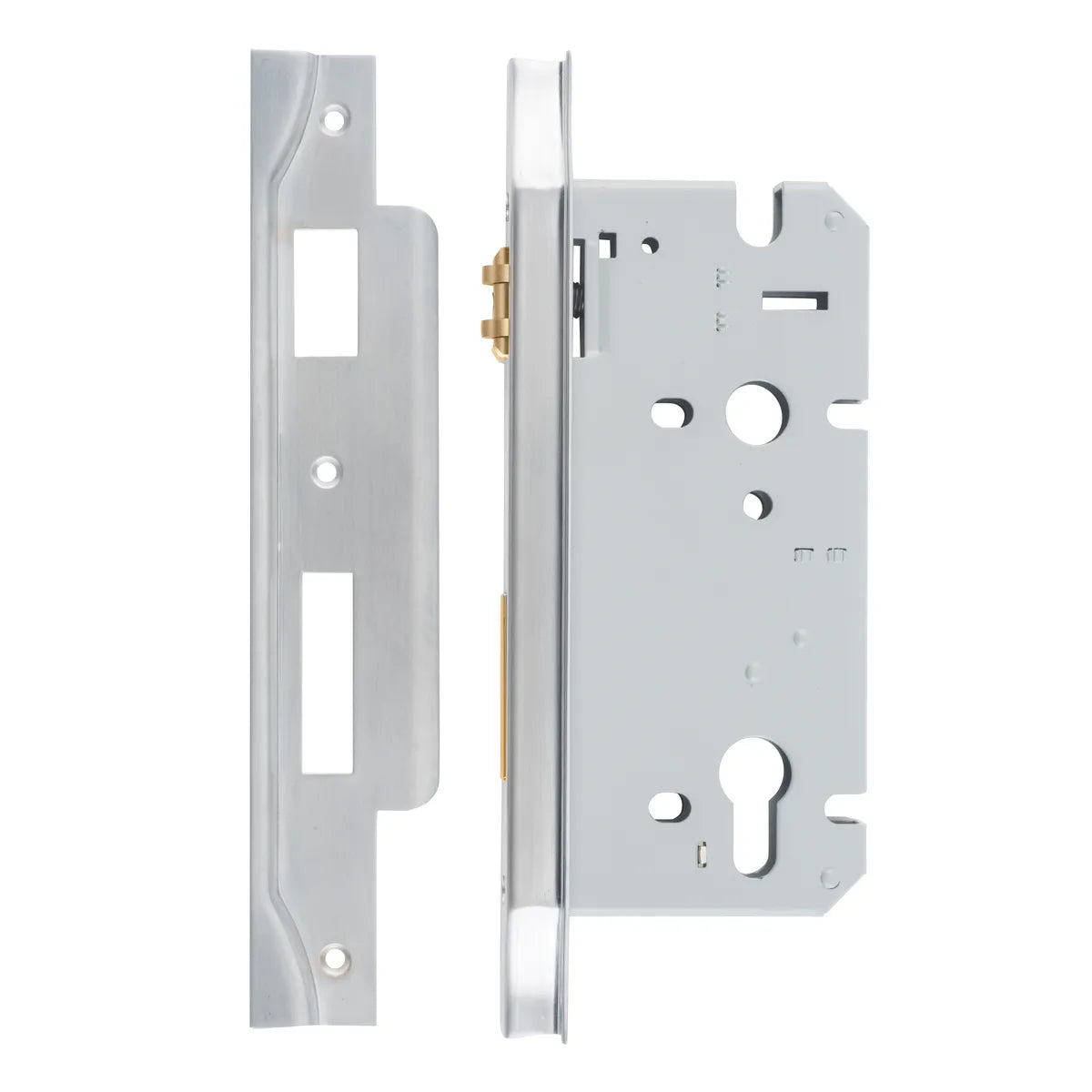 Rebated 85mm Euro Roller Mortice Locks - 60mm Backset in Brushed Chrome - angled product view