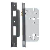 Rebated 85mm Euro Roller Mortice Locks - 60mm Backset in Matt Black - side profile view
