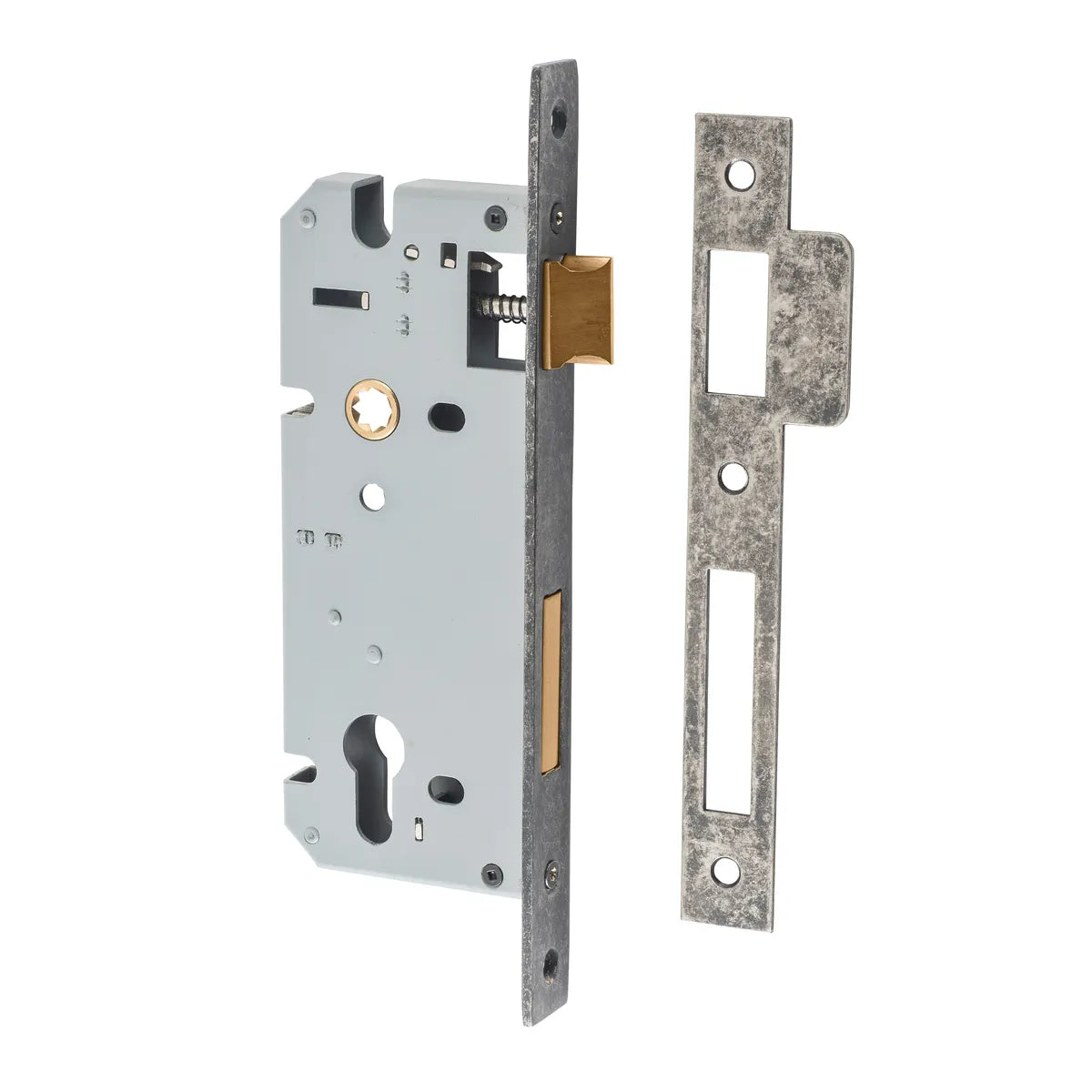 85mm Euro Mortice Locks - 45mm Backset in Distressed Nickel - side profile view