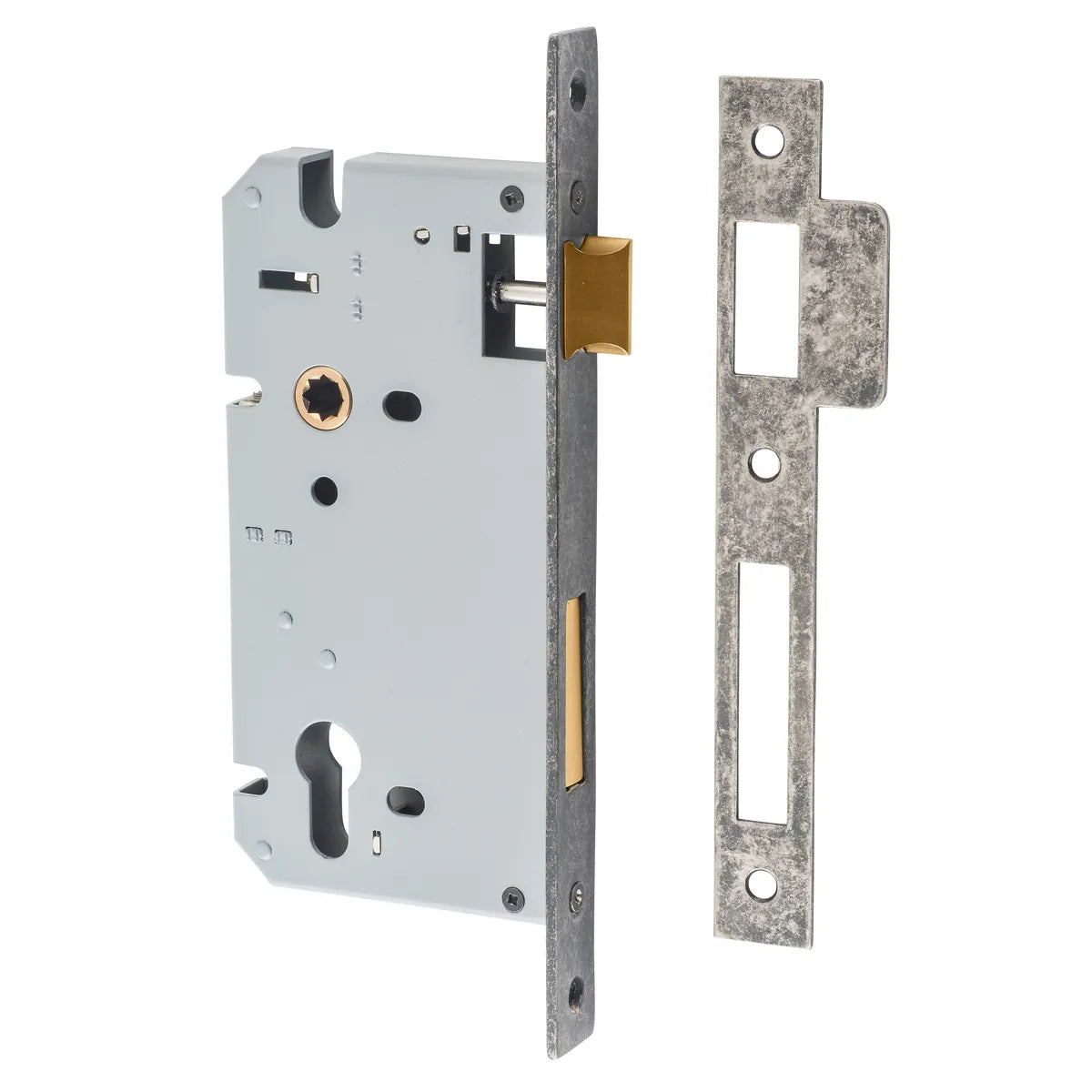 85mm Euro Mortice Locks - 60mm Backset in Distressed Nickel - side profile view