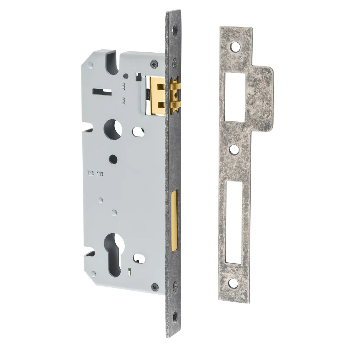 85mm Euro Roller Mortice Lock - 45mm Backset in Distressed Nickel - side profile view
