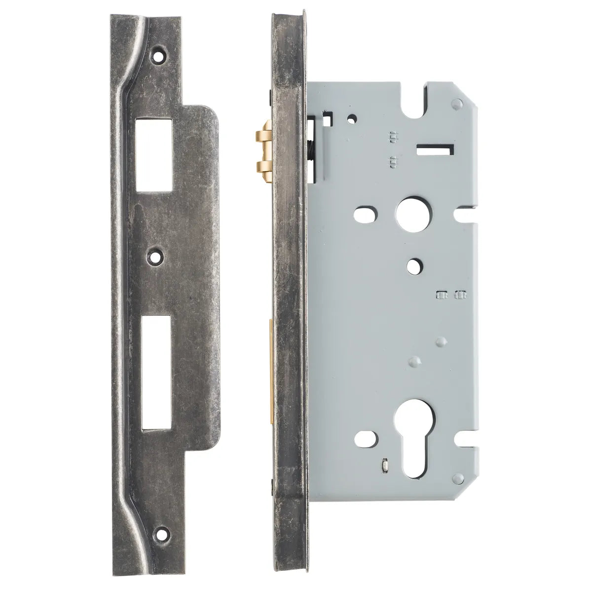 Rebated 85mm Euro Roller Mortice Locks - 60mm Backset in Distressed Nickel - close-up detail view