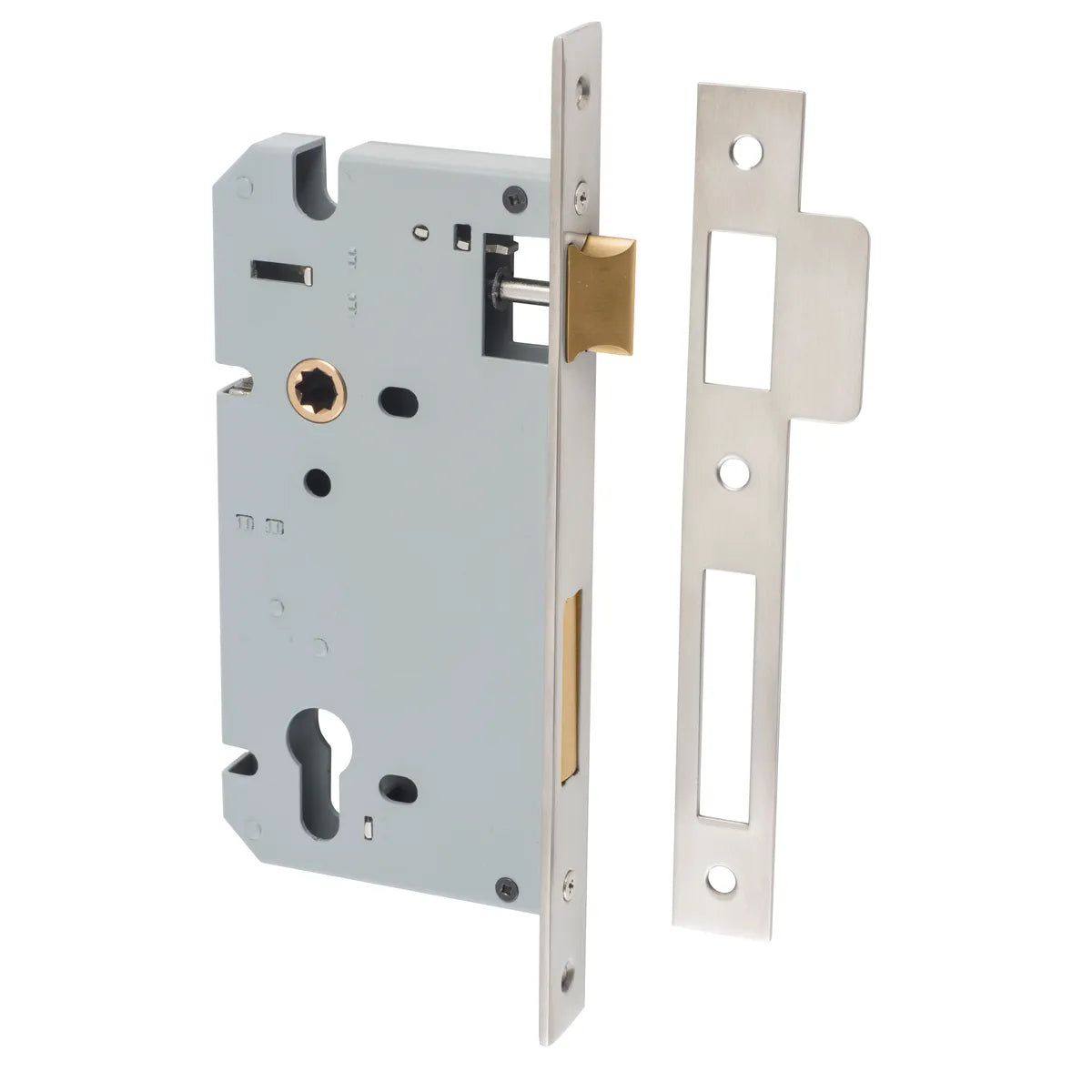 85mm Euro Mortice Locks - 60mm Backset in Satin Nickel - front view