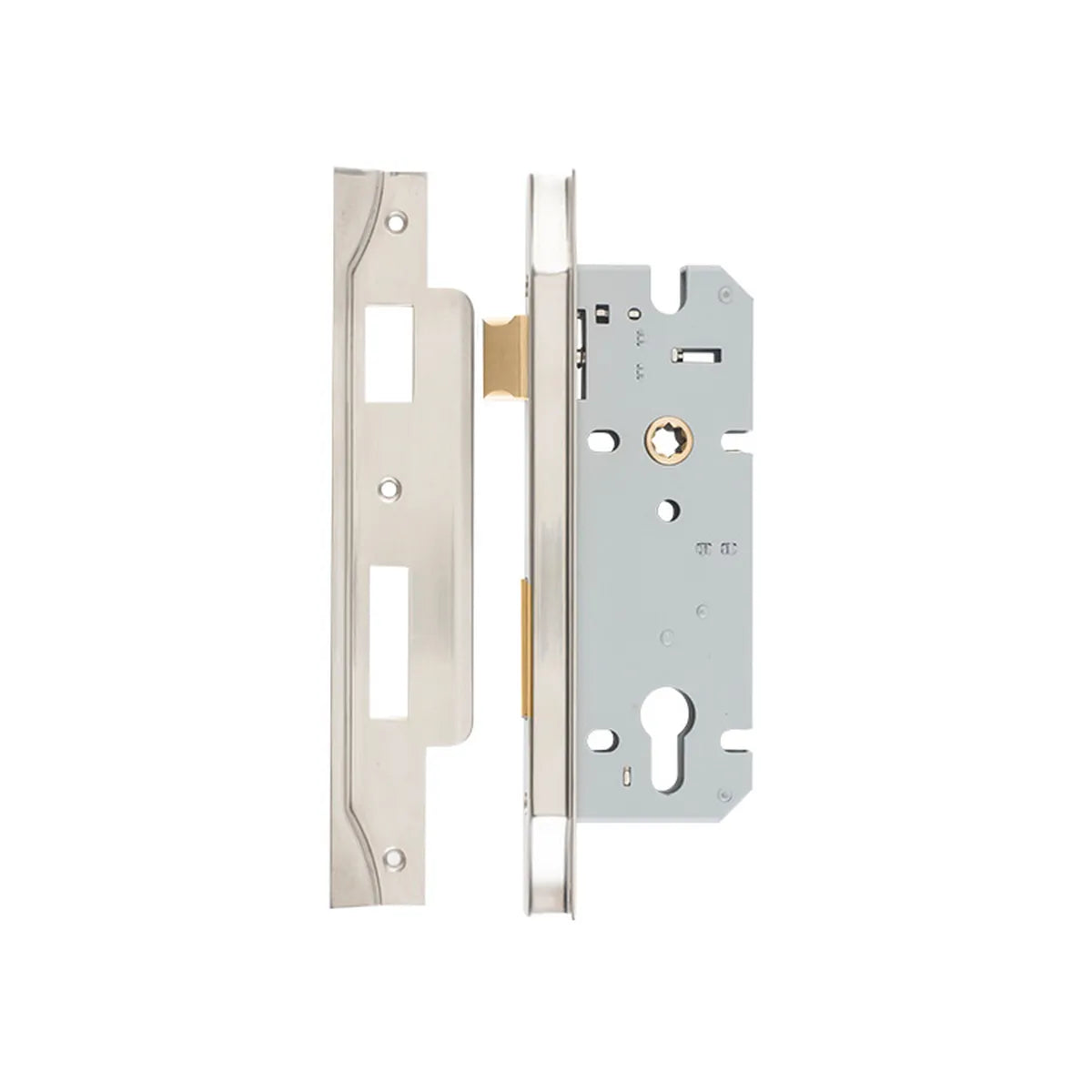 Rebated 85mm Euro Mortice Locks - 45mm Backset in Satin Nickel - front view