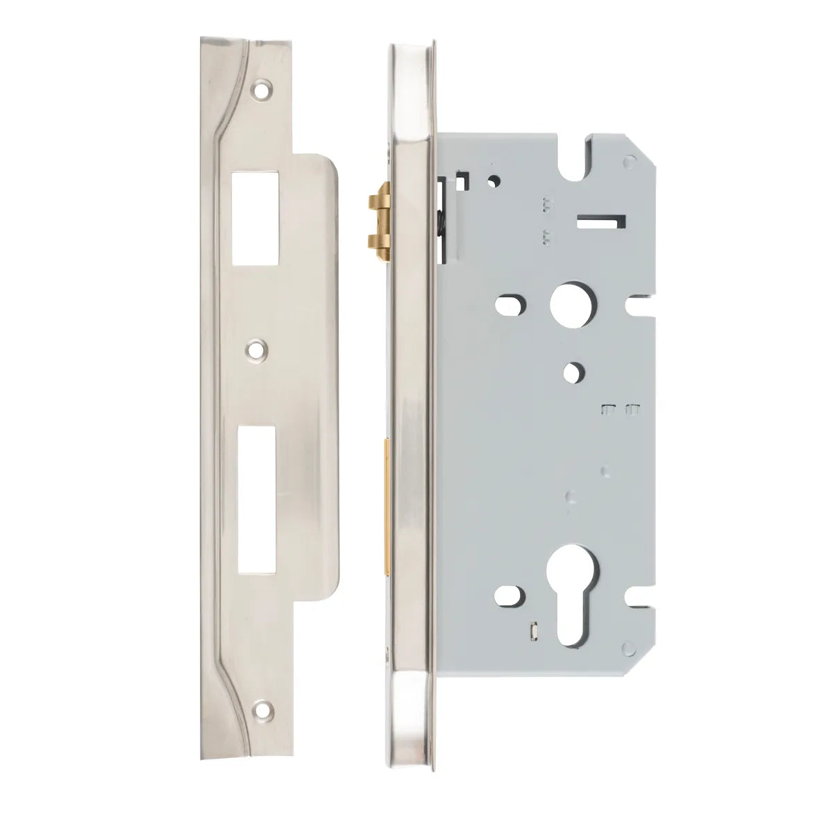 Rebated 85mm Euro Roller Mortice Locks - 60mm Backset in Satin Nickel - full product view