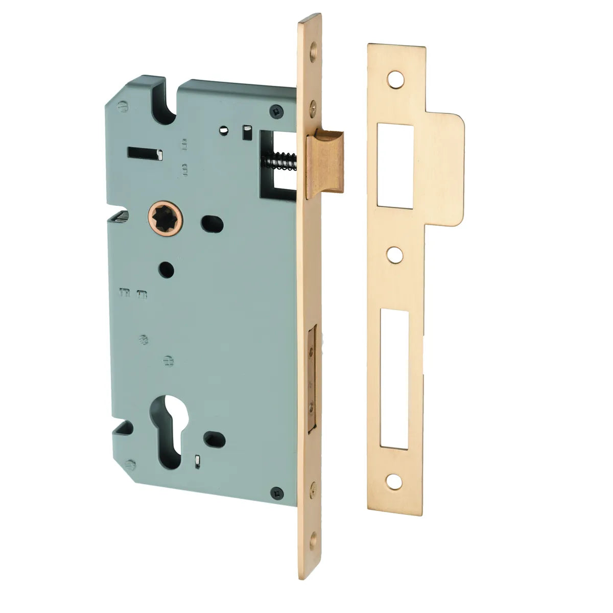 85mm Euro Mortice Locks - 60mm Backset in Brushed Brass - front view