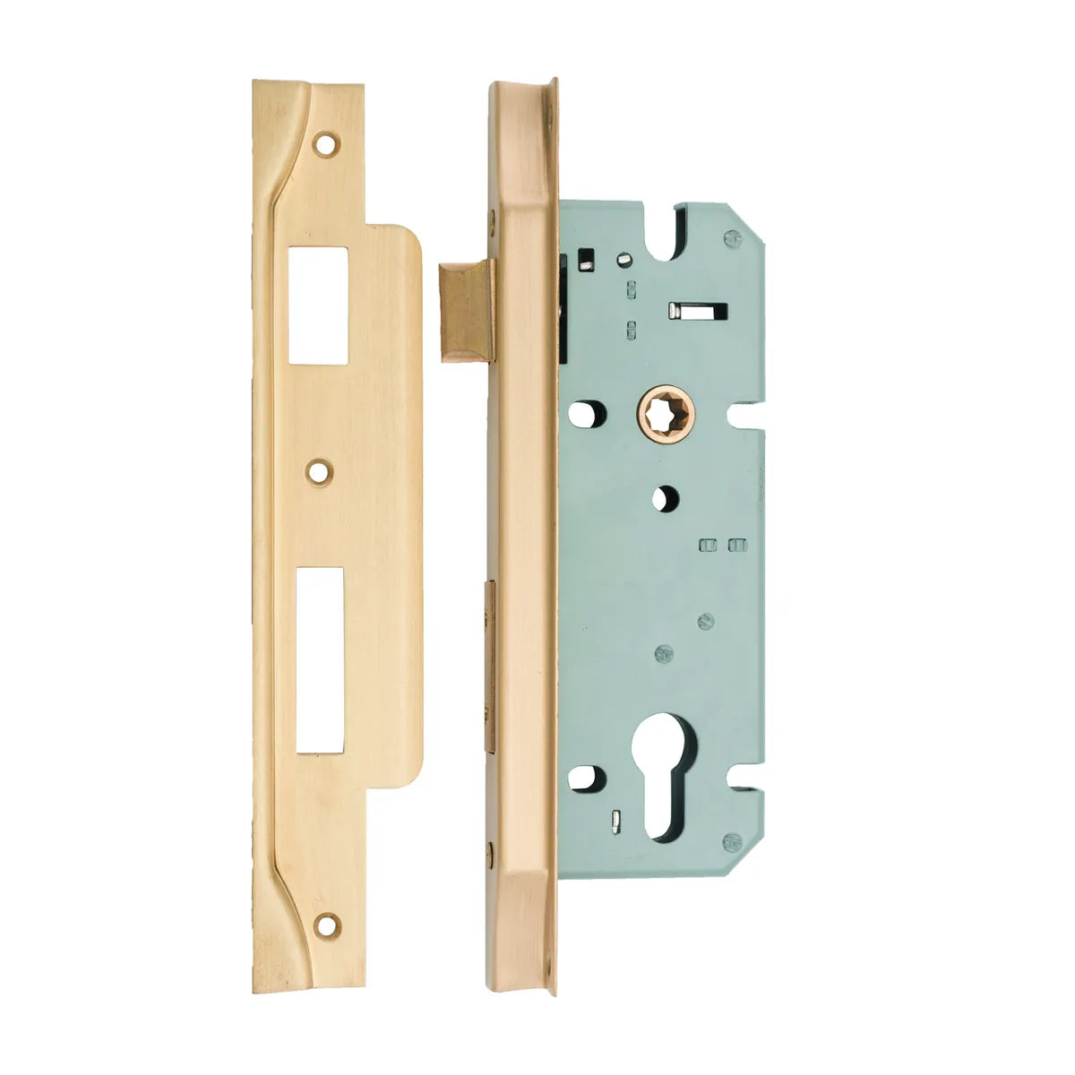 Rebated 85mm Euro Mortice Locks - 45mm Backset in Brushed Brass - front view