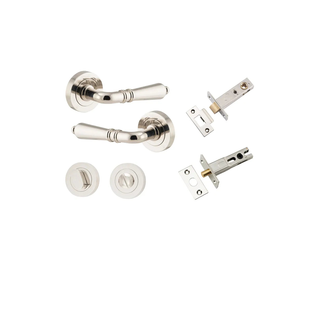Sarlat Lever - Round Rose Privacy Kit with Separate Privacy Turn in Polished Nickel - privacy set configuration
