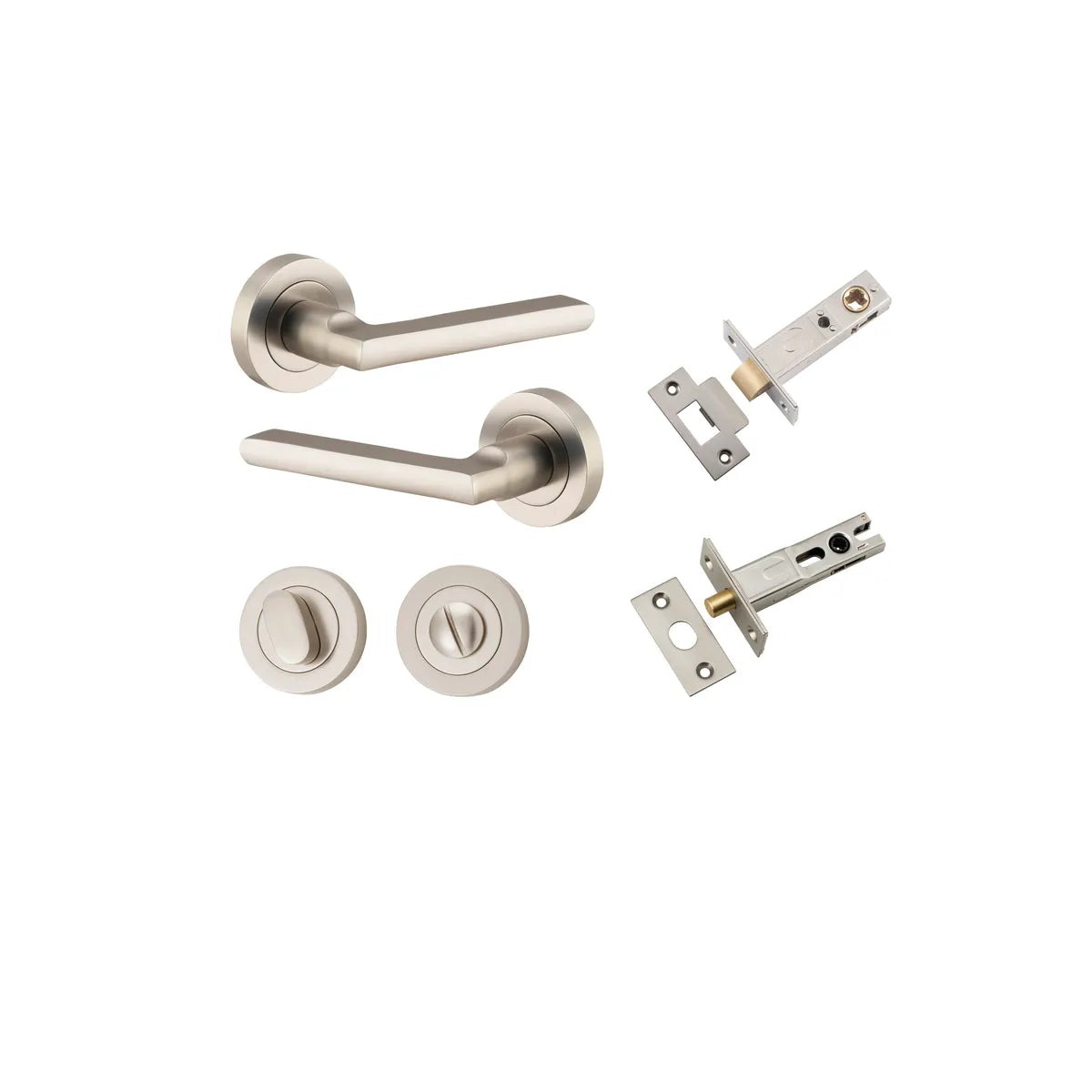 Baltimore Lever - Round Rose Privacy Kit with Separate Privacy Turn in Satin Nickel - privacy set configuration
