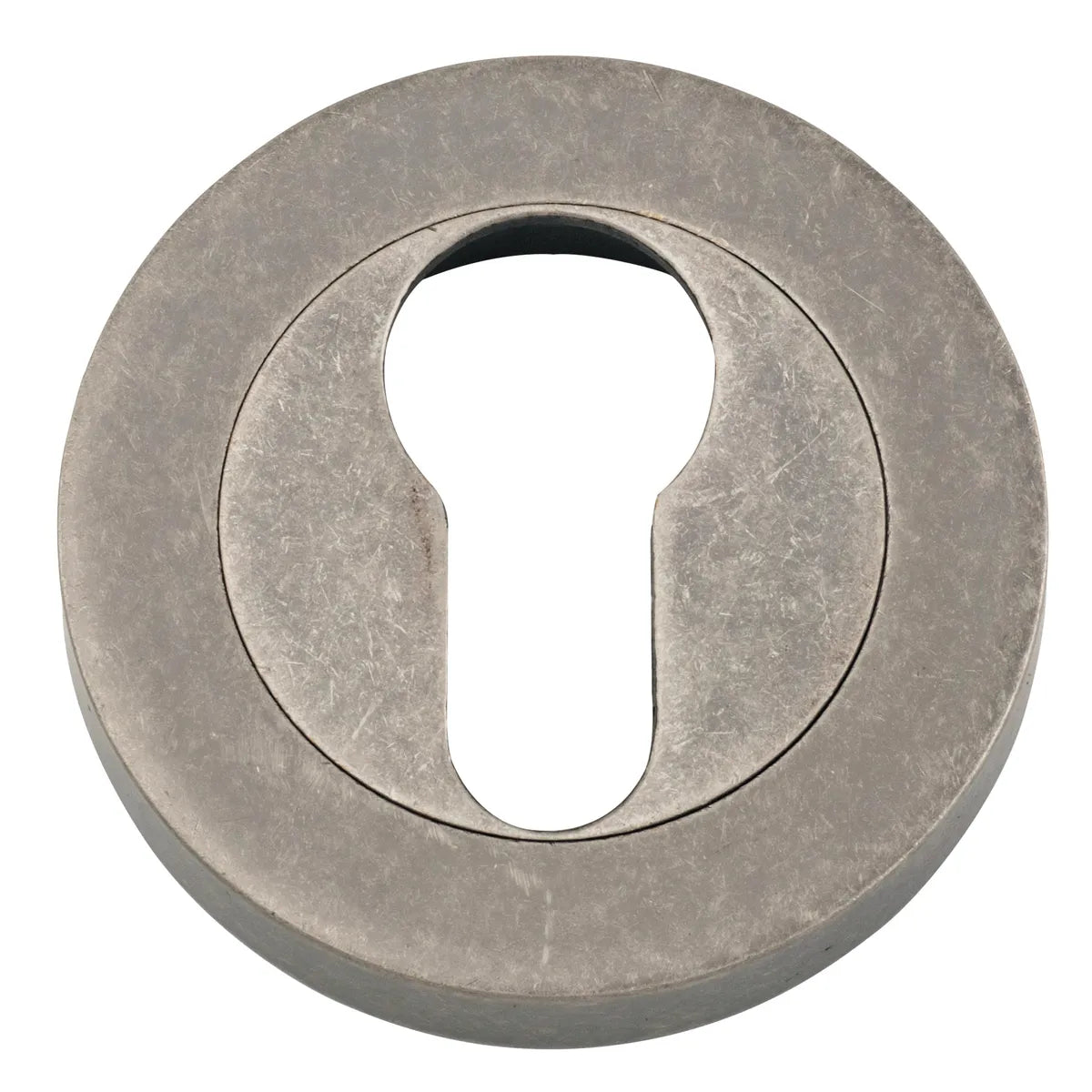 Euro Escutcheons - Round in Distressed Nickel - close-up detail view