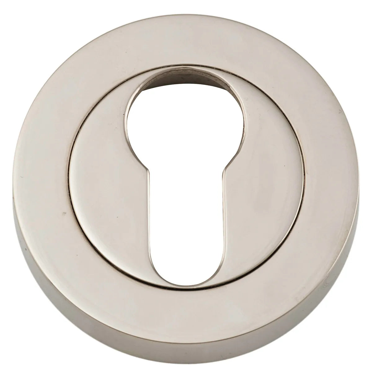 Euro Escutcheons - Round in Polished Nickel - finish and profile close-up