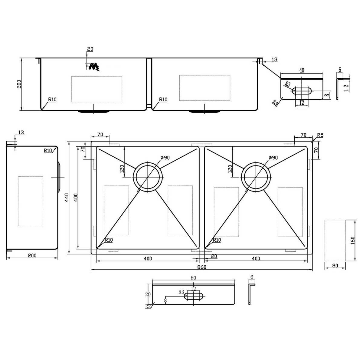Double Bowl Stainless Steel Sink 75L - Stainless Steel
