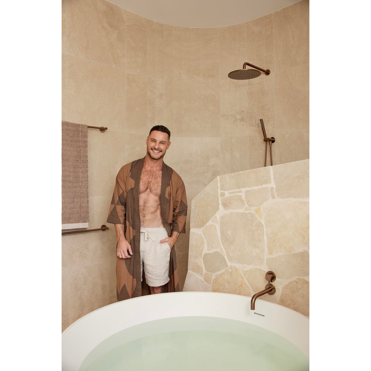 Round Wall Shower Curved Arm 400mm - Lustre Bronze