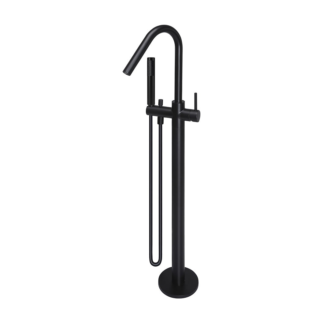 Round Paddle Freestanding Bath Spout and Hand Shower in Matte Black - front view