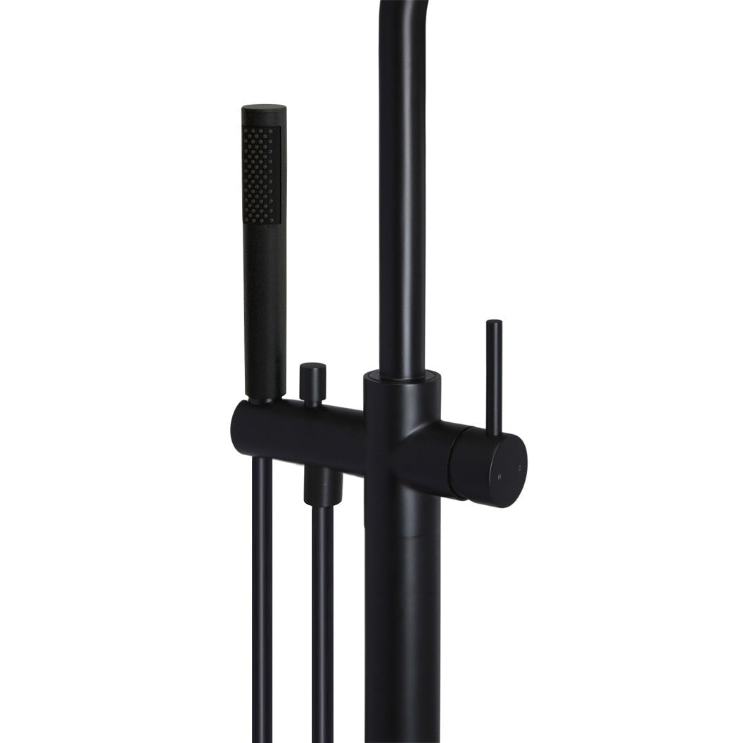 Round Paddle Freestanding Bath Spout and Hand Shower in Matte Black - side profile view