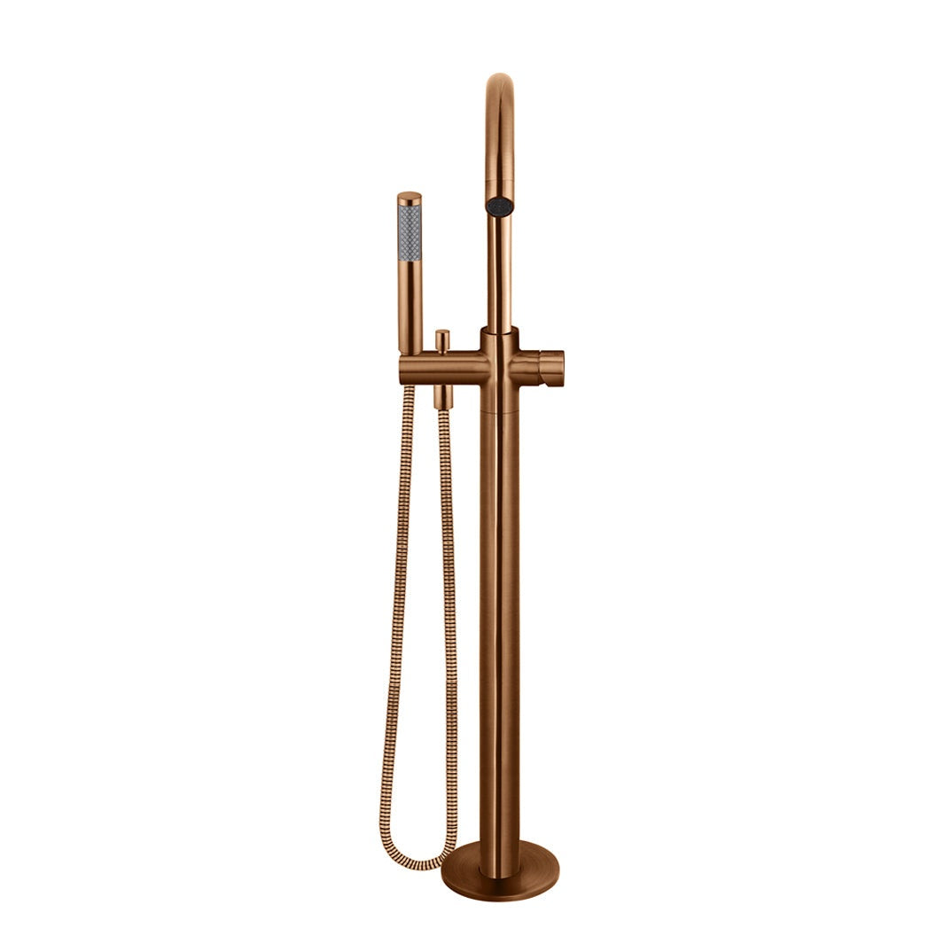 Round Pinless Freestanding Bath Spout and Hand Shower - Lustre Bronze