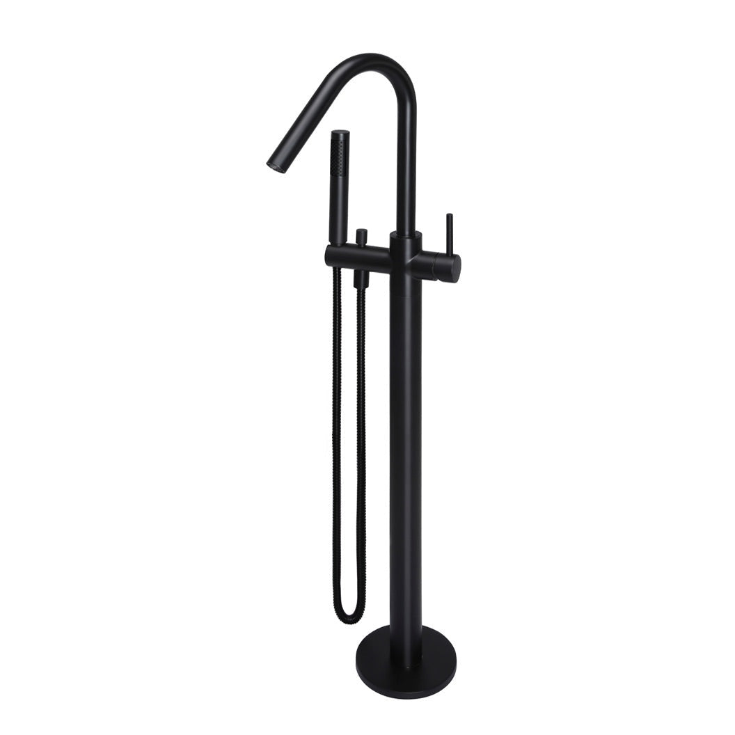 Round Freestanding Bath Spout and Hand Shower in Matte Black - front view
