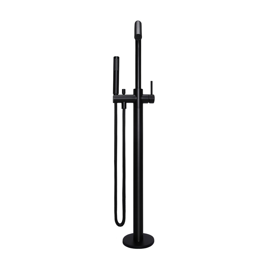 Round Freestanding Bath Spout and Hand Shower in Matte Black - close-up detail view