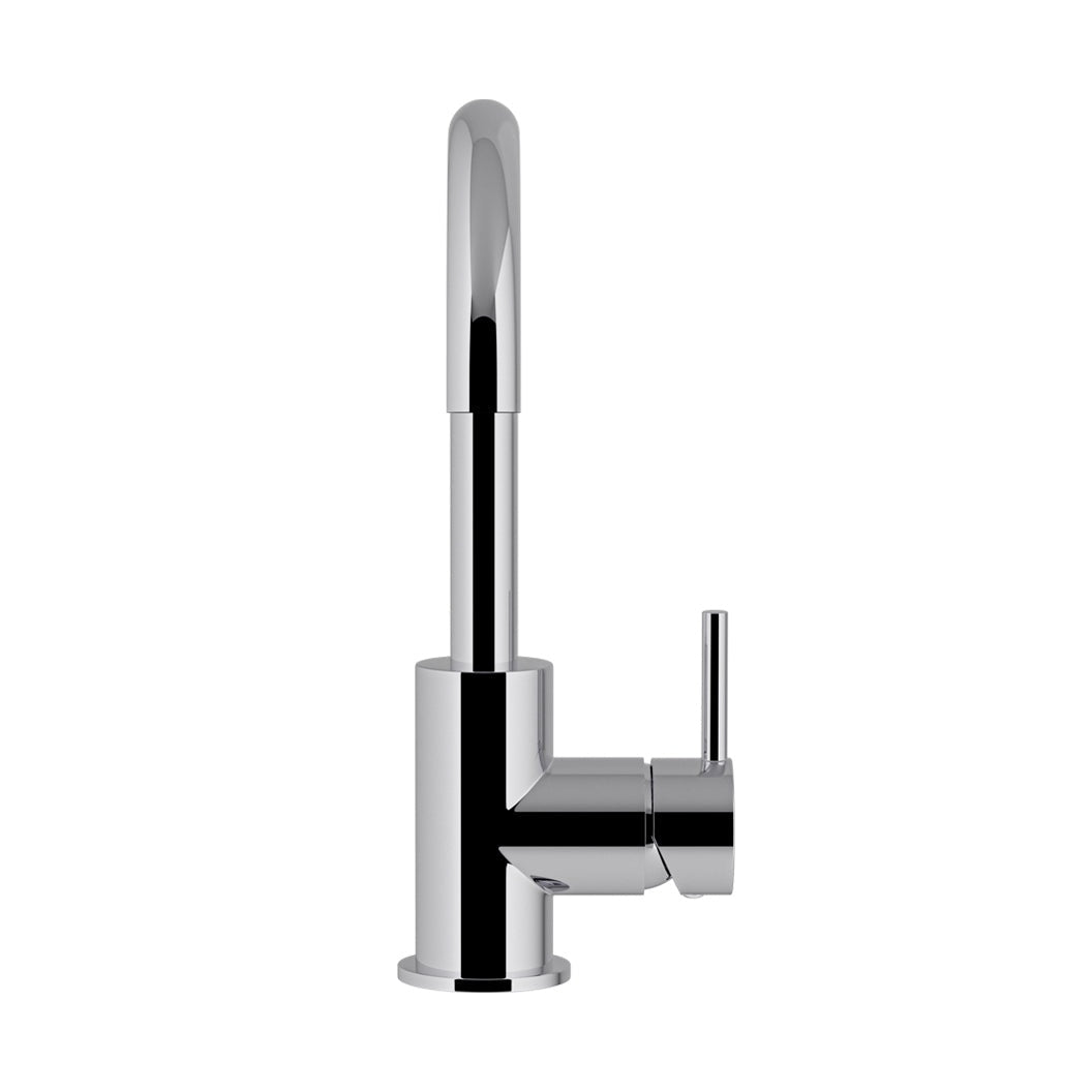 Round Gooseneck Basin Mixer with Cold Start in Matte Black - finish and profile close-up