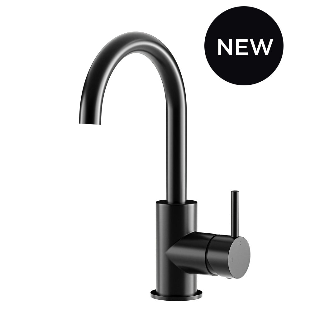 Round Gooseneck Basin Mixer with Cold Start in Matte Black - front view