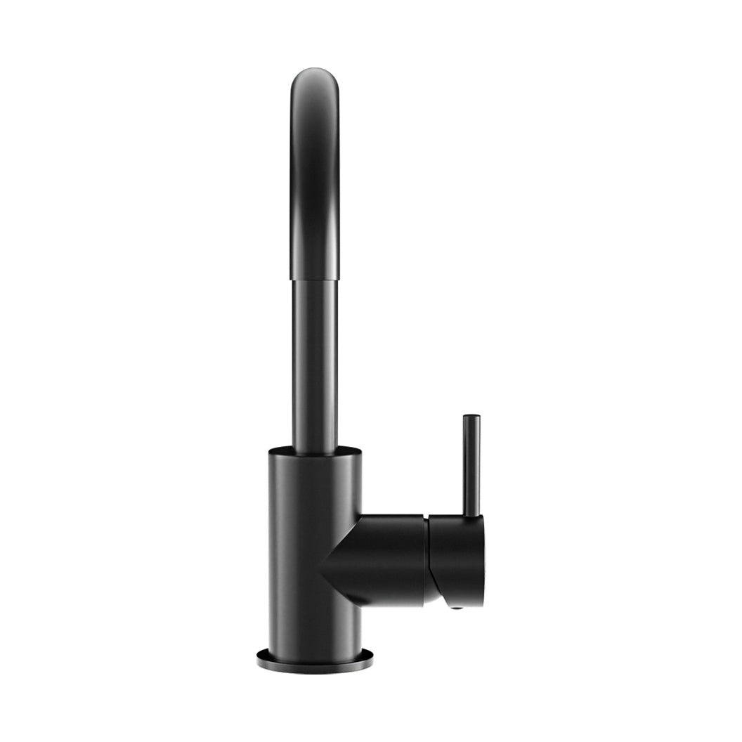 Round Gooseneck Basin Mixer with Cold Start in Matte Black - close-up detail view