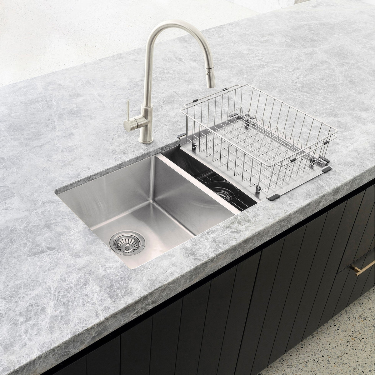 Dish Rack in Brushed Nickel - side profile view, kitchen sink accessory