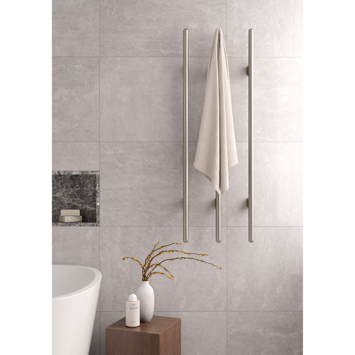 Heated Vertical Towel Rail - side profile view, bathroom accessory