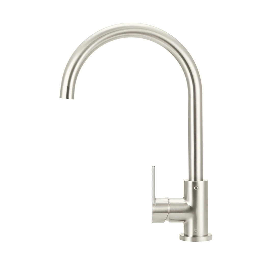 Round Paddle Gooseneck Kitchen Mixer Tap in Brushed Nickel - finish and profile close-up