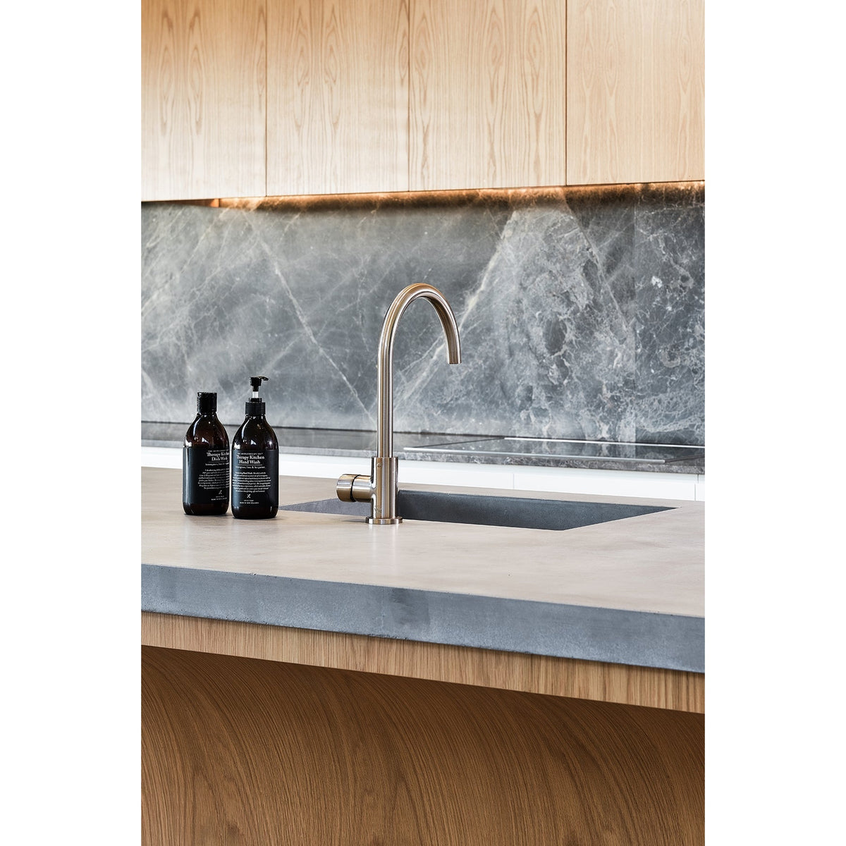Round Pinless Gooseneck Kitchen Mixer Tap in Polished Chrome - side profile view