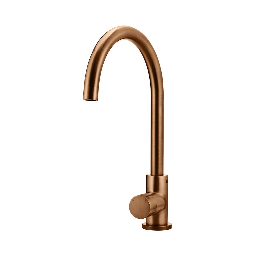 Round Pinless Gooseneck Kitchen Mixer Tap in Tiger Bronze - rear mounting detail
