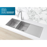Kitchen Sink Double Bowl & Drainboard 1160 x 440 in Brushed Nickel - side profile view
