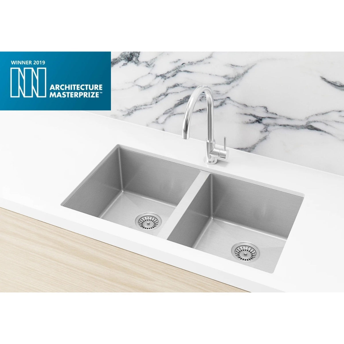 Kitchen Sink Double Bowl 760 x 440 in Brushed Nickel - angled product view